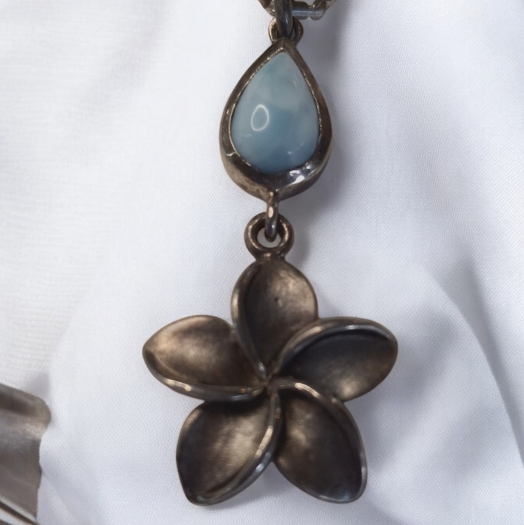 Sterling Silver 925 Larimar Blossom Floral Flower 24 Brick Link Necklace 115$